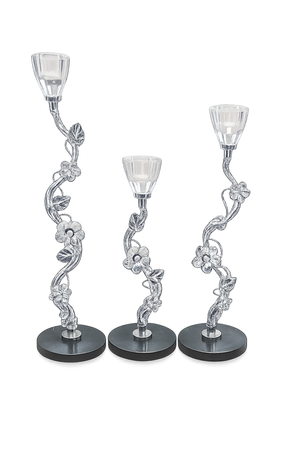 Luxury Silver Floral Crystal Taper Candle Holder Set with Black Marble Base (Set of 3)