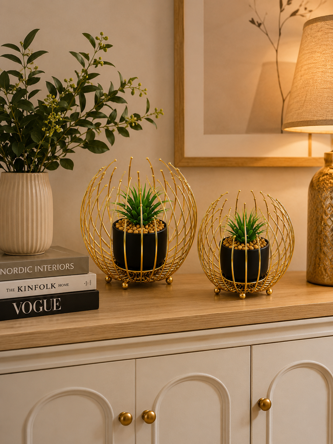 Luxury Gold Metal Wire Planter Set with Artificial Succulents – Modern Tabletop Home Décor (Set of 2)
