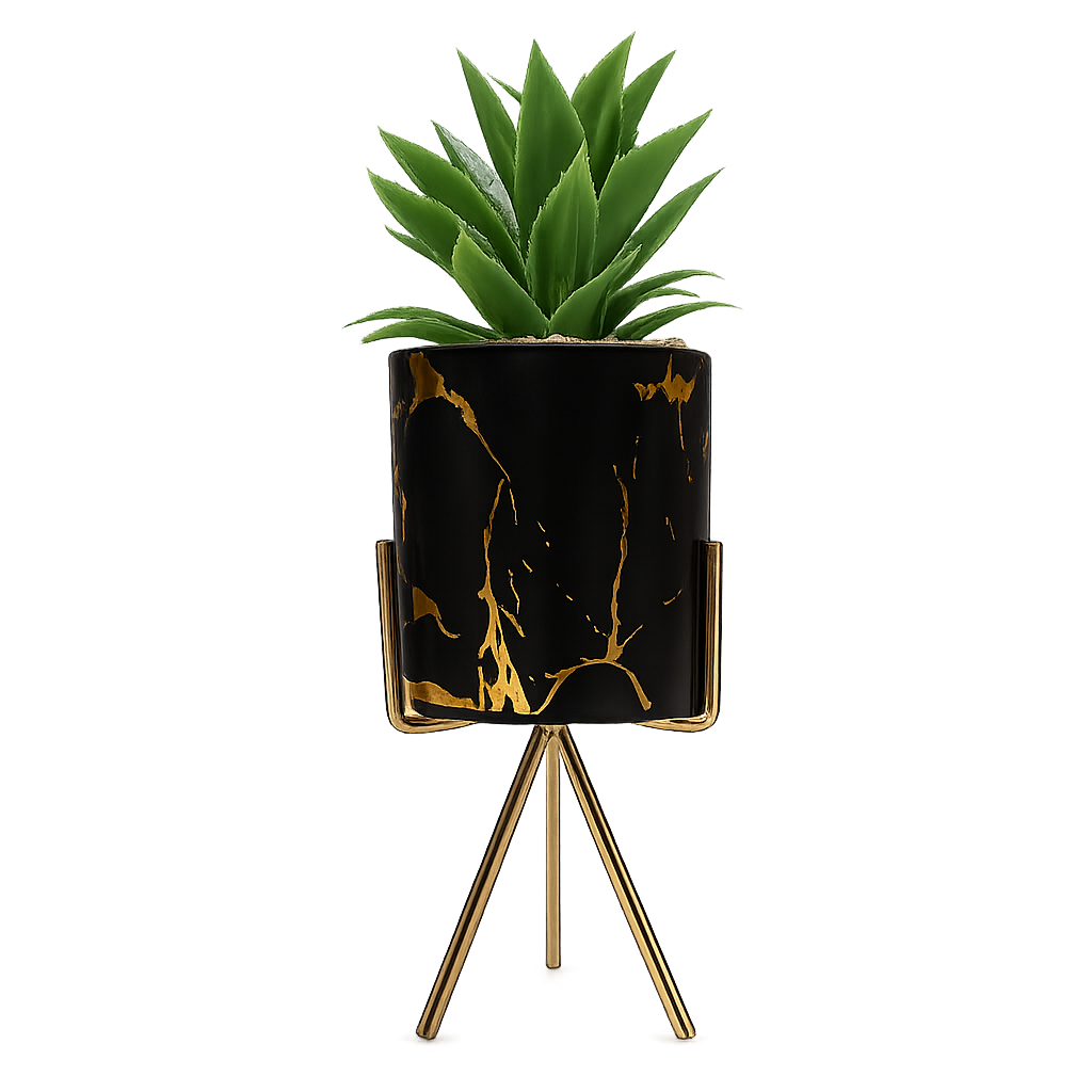Modern Black & Gold Artificial Succulent Planter with Metal Stand