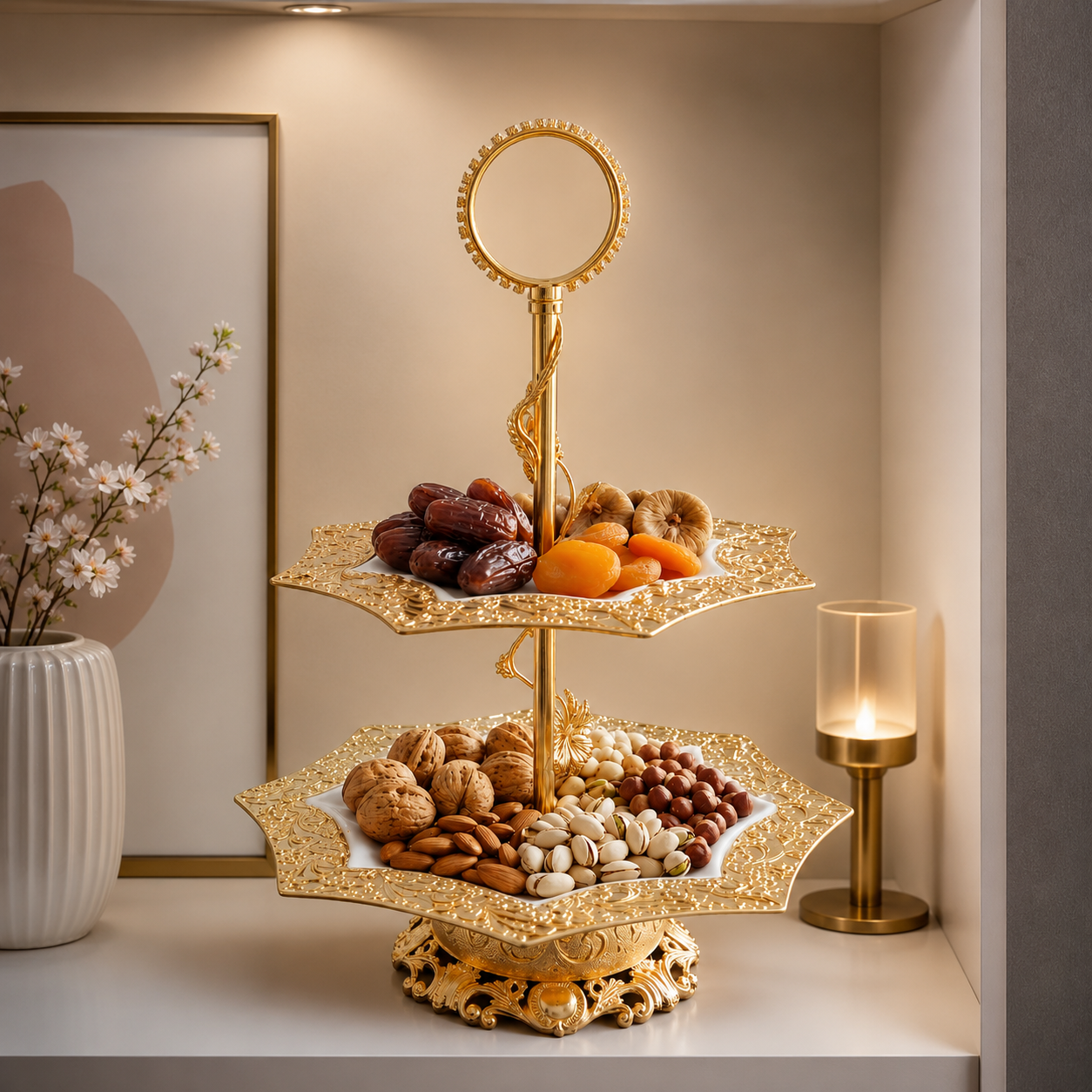 Gilded Tiered Dry Fruit Server – The Royal Gold Collection Premium Ceramic & Metal Luxury Serving Tray For Luxurious Dining & Elite Gifting