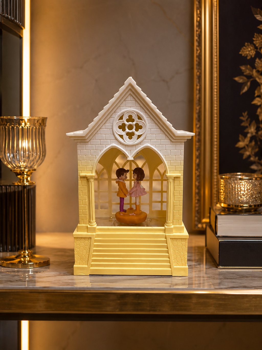 Romantic Cathedral Castle Night Light Lamp – Sweet Couple Figurine Ornament