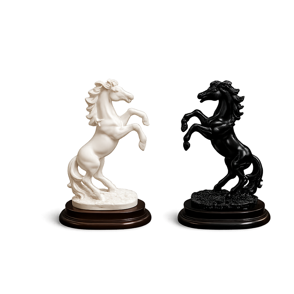 Fiber Horse "Dual Harmony" Rearing Horse Pair Statue – Premium White & Black Luxury Resin Sculptures With Meticulous Double Wooden Bases