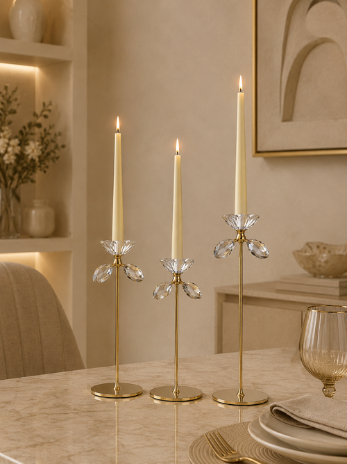 3-Piece Crystal Flower Gold Candle Holder Set – Elegant Metal Taper Candle Holders for Home Décor