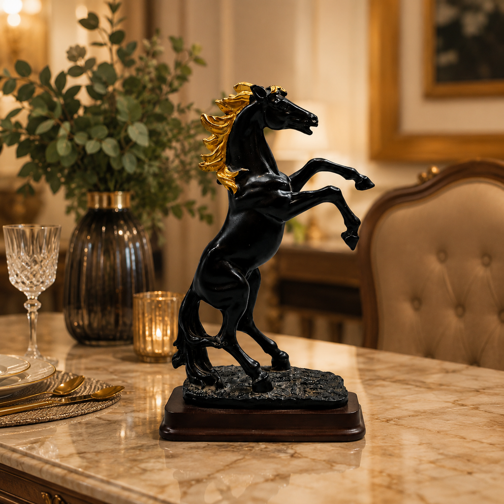 Fiber Horse "Majestic Elegance" Rearing Horse Statue – Premium Black & Gold Resin Art Figurine With Wooden Base