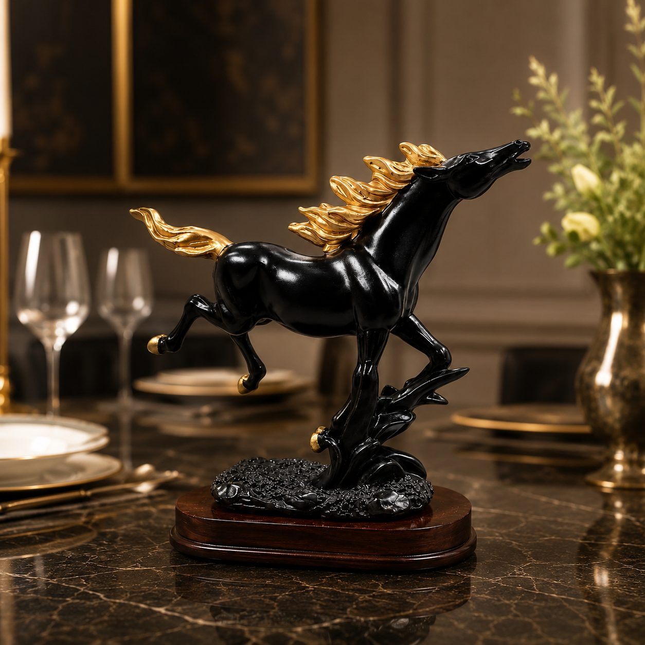 Fiber Horse "Galloping Majesty" Running Horse Sculpture – Premium Black & Gold Resin Dynamic Statue With Classic Wooden Textured Base