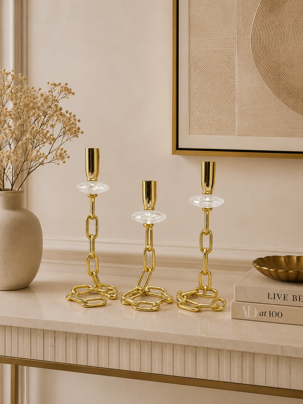 Luxury Gold Chain-Link Taper Candle Holder Set of 3 – Modern Decorative Metal Candlestick Stand