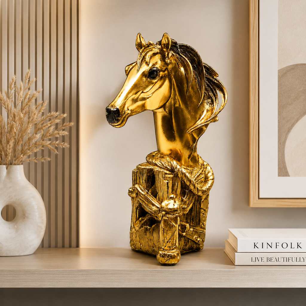 Fiber Horse "Golden Horse Face" Premium Desk Decor Accent – 5.5-Inch Luxury Metallic Gold Resin Bust Sculpture For High-End Office & Home Styling