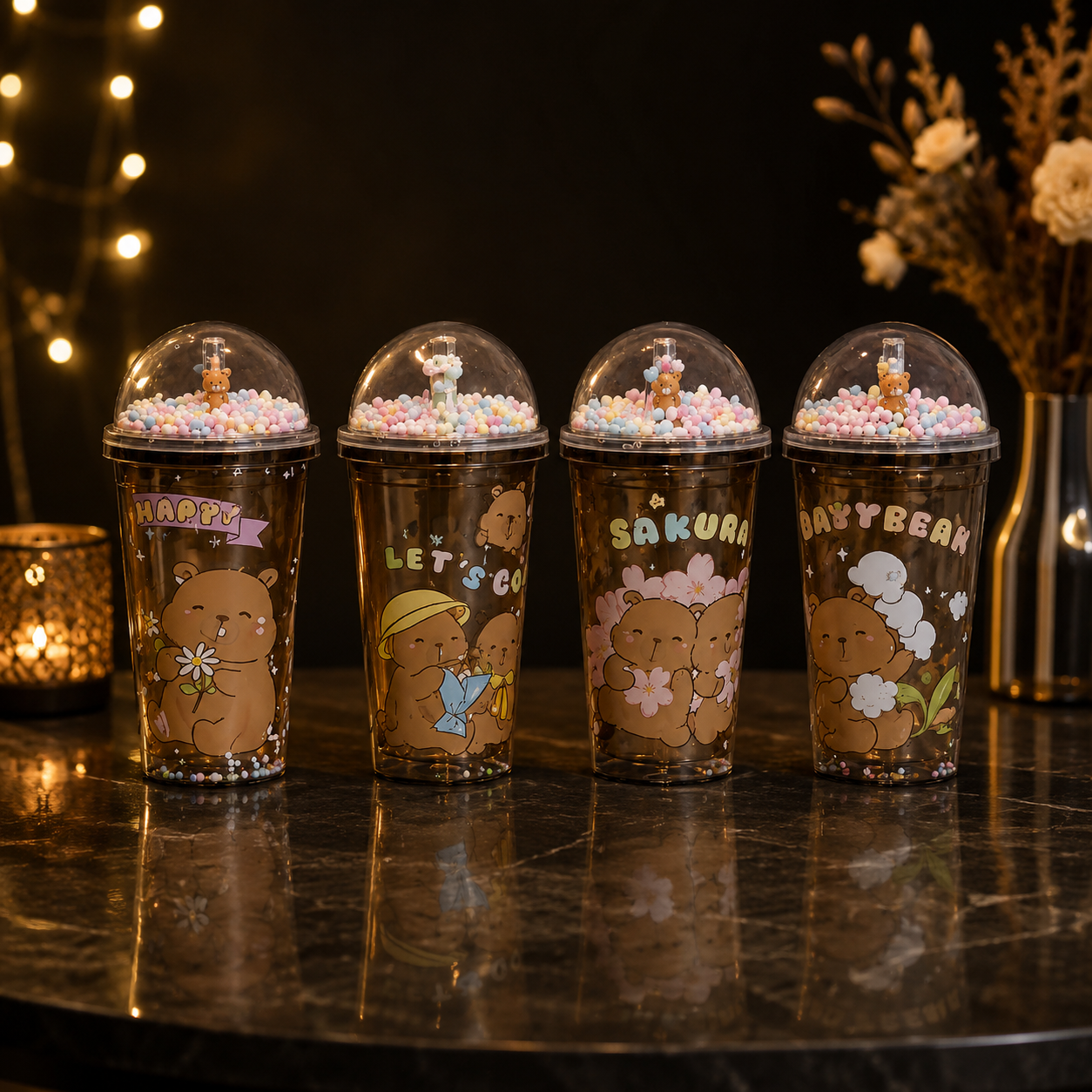 Aesthetic Glitter & Foam Bead Dome Lid Sipper Mug | Leak-Proof Reusable Plastic Tumbler for Iced Coffee, Shakes & Juices