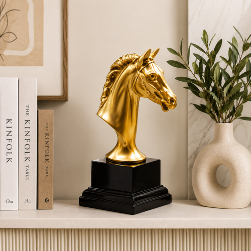 Fiber Horse "Aurum Glory" Golden Horse Bust Statue – Executive Metallic Gold Resin Head Sculpture With Premium Glossy Black Pedestal Base