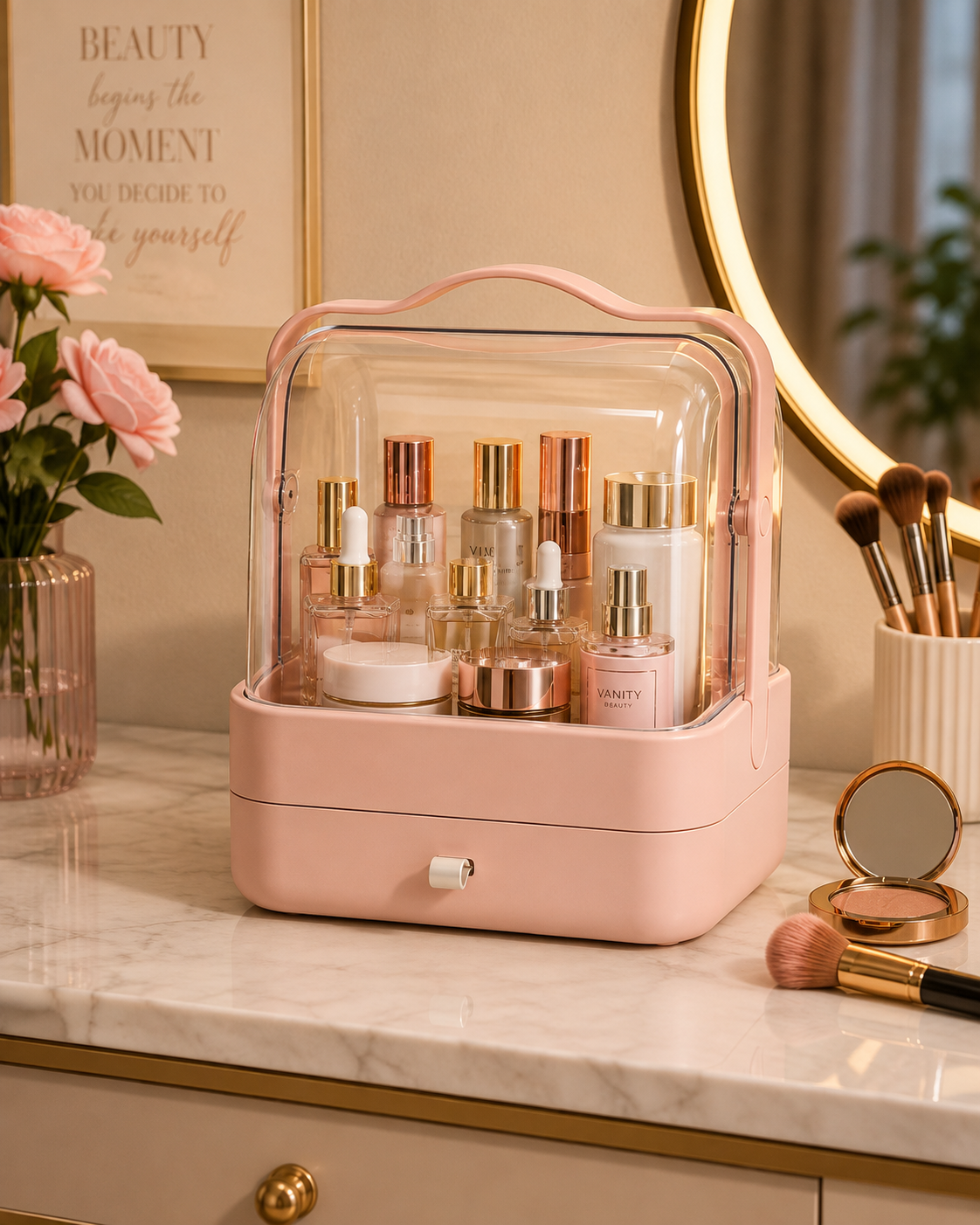 Premium Portable Makeup Organizer with Clear Dome