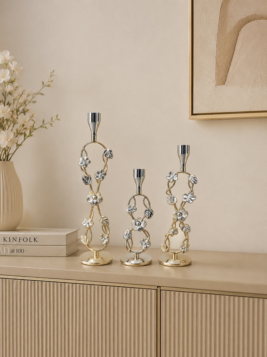 Elegant Gold Floral Metal Candle Holder Set (3 Pieces) – Decorative Taper Candle Stands for Home Décor