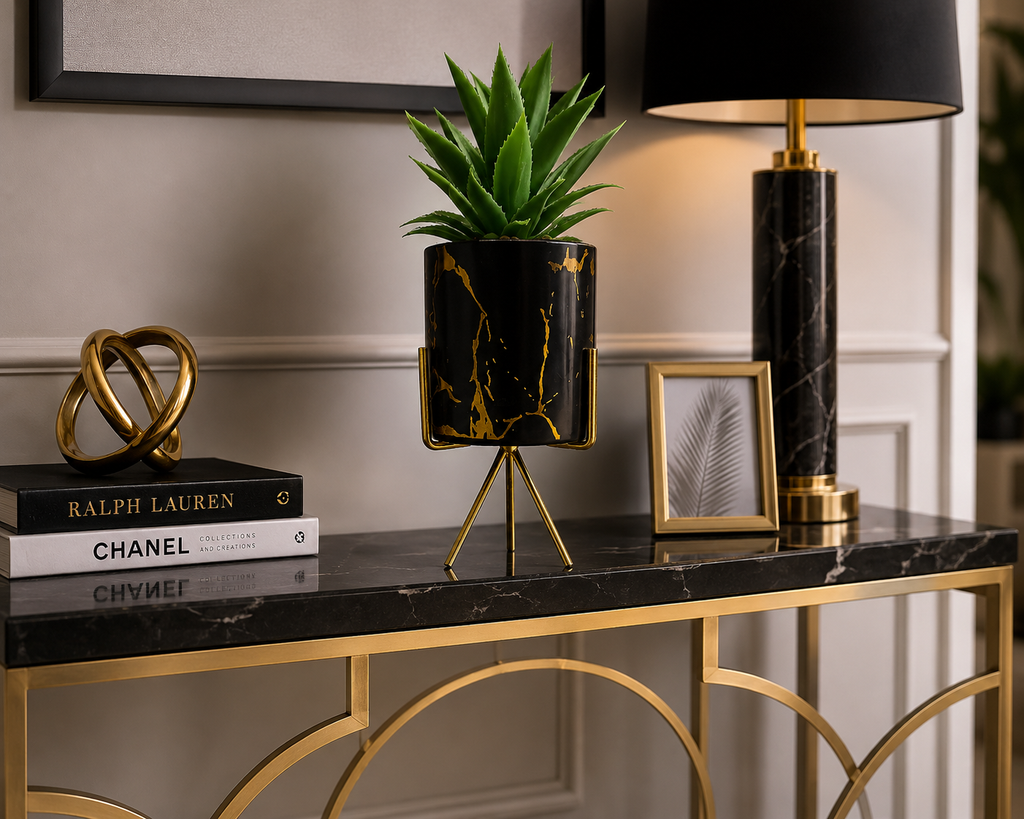 Modern Black & Gold Artificial Succulent Planter with Metal Stand