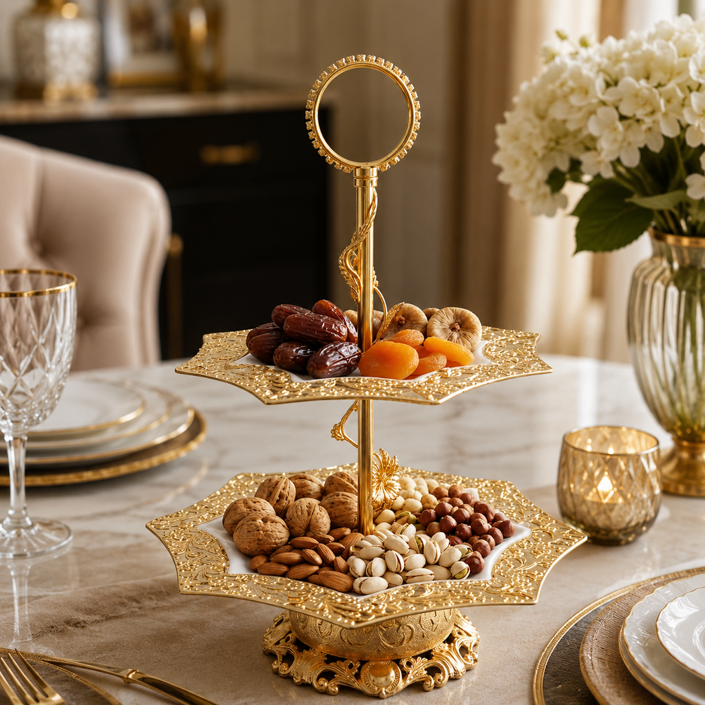 Gilded Tiered Dry Fruit Server – The Royal Gold Collection Premium Ceramic & Metal Luxury Serving Tray For Luxurious Dining & Elite Gifting