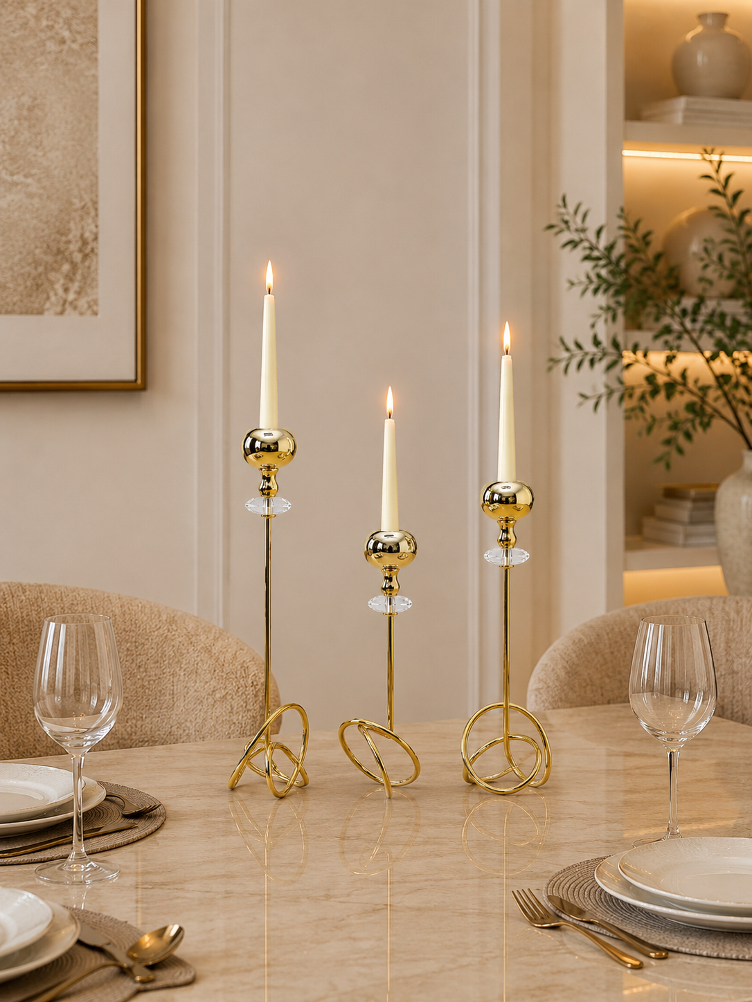 Modern Gold Metal Candle Holder Set with Glass Hurricane Sleeves (Set of 3)