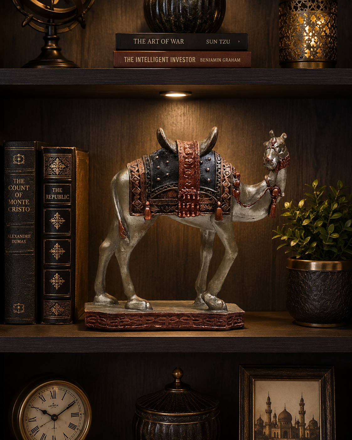 Luxury Decorative Camel Figurine Statue – Antique Silver & Bronze Home Décor Accent