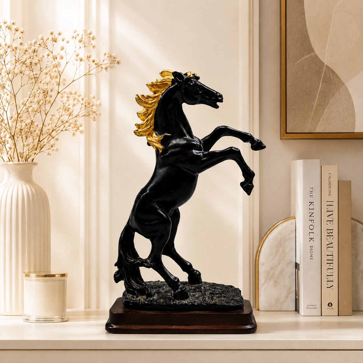 Fiber Horse "Majestic Elegance" Rearing Horse Statue – Premium Black & Gold Resin Art Figurine With Wooden Base