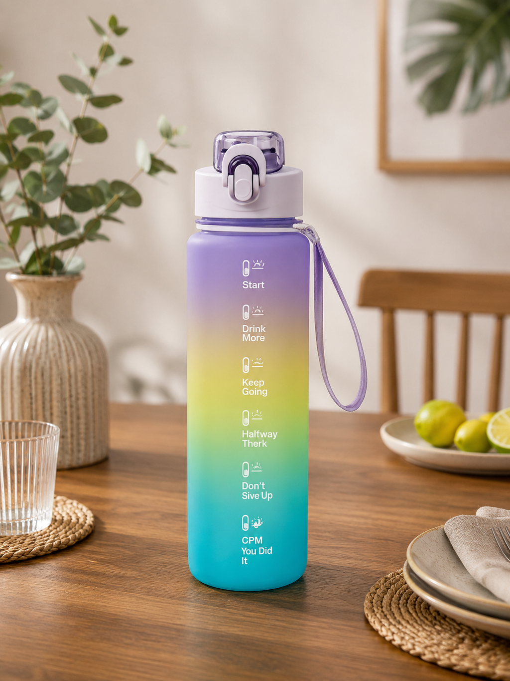 Motivational Gradient Water Bottle with Time Marker – 1L Leakproof Tritan Sports Bottle