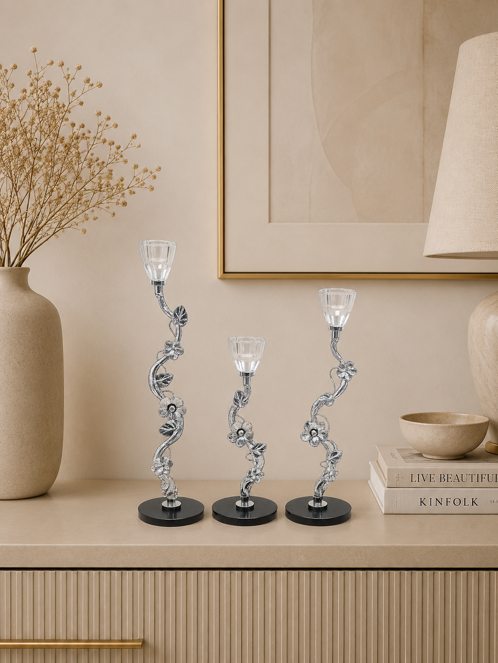 Luxury Silver Floral Crystal Taper Candle Holder Set with Black Marble Base (Set of 3)
