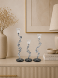 Luxury Silver Floral Crystal Taper Candle Holder Set with Black Marble Base (Set of 3)
