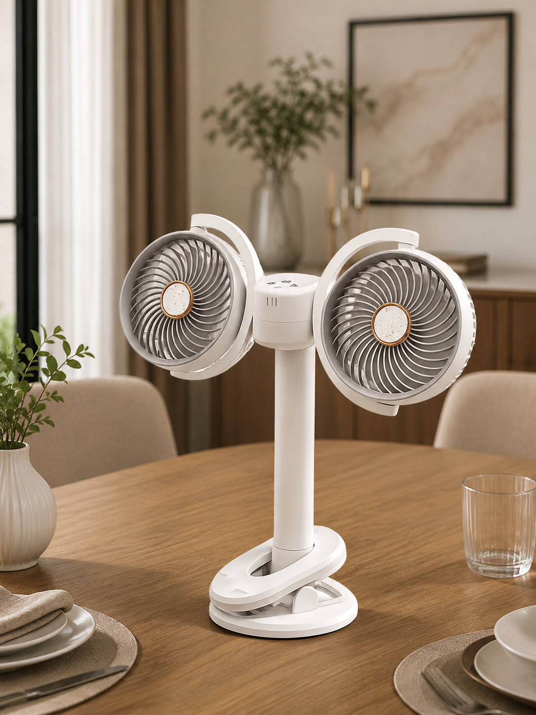 360° Dual Head Desktop Clip Fan – Portable USB Rechargeable Cooling Fan for Home & Office