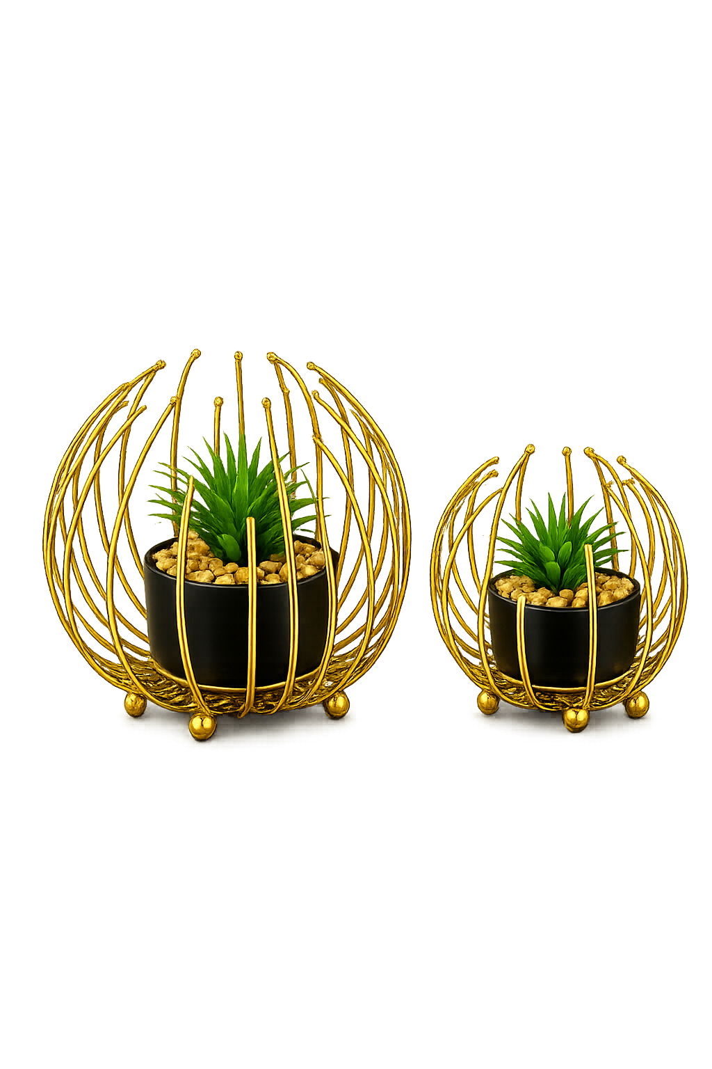 Luxury Gold Metal Wire Planter Set with Artificial Succulents – Modern Tabletop Home Décor (Set of 2)