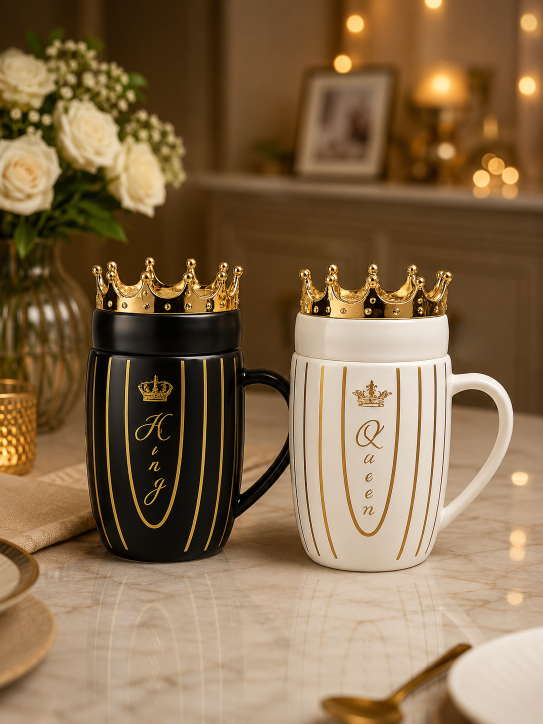Luxury Diamond-Cut Textured King & Queen Ceramic Mugs Set – Elegant Couple Tea Cups