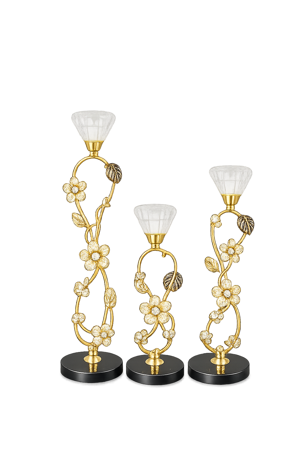 Luxury Gold Floral Crystal Taper Candle Holder Set – Decorative Metal Candle Stand (Set of 3)