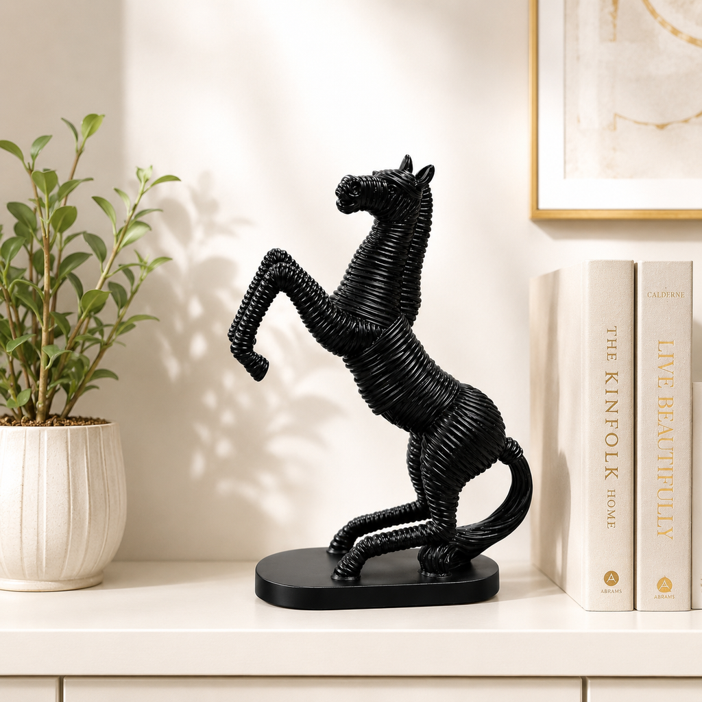 FIBER HORSE Premium Black Rearing Horse Figurine – Contemporary Resin Art Collective Piece for Home & Hotel Decoration