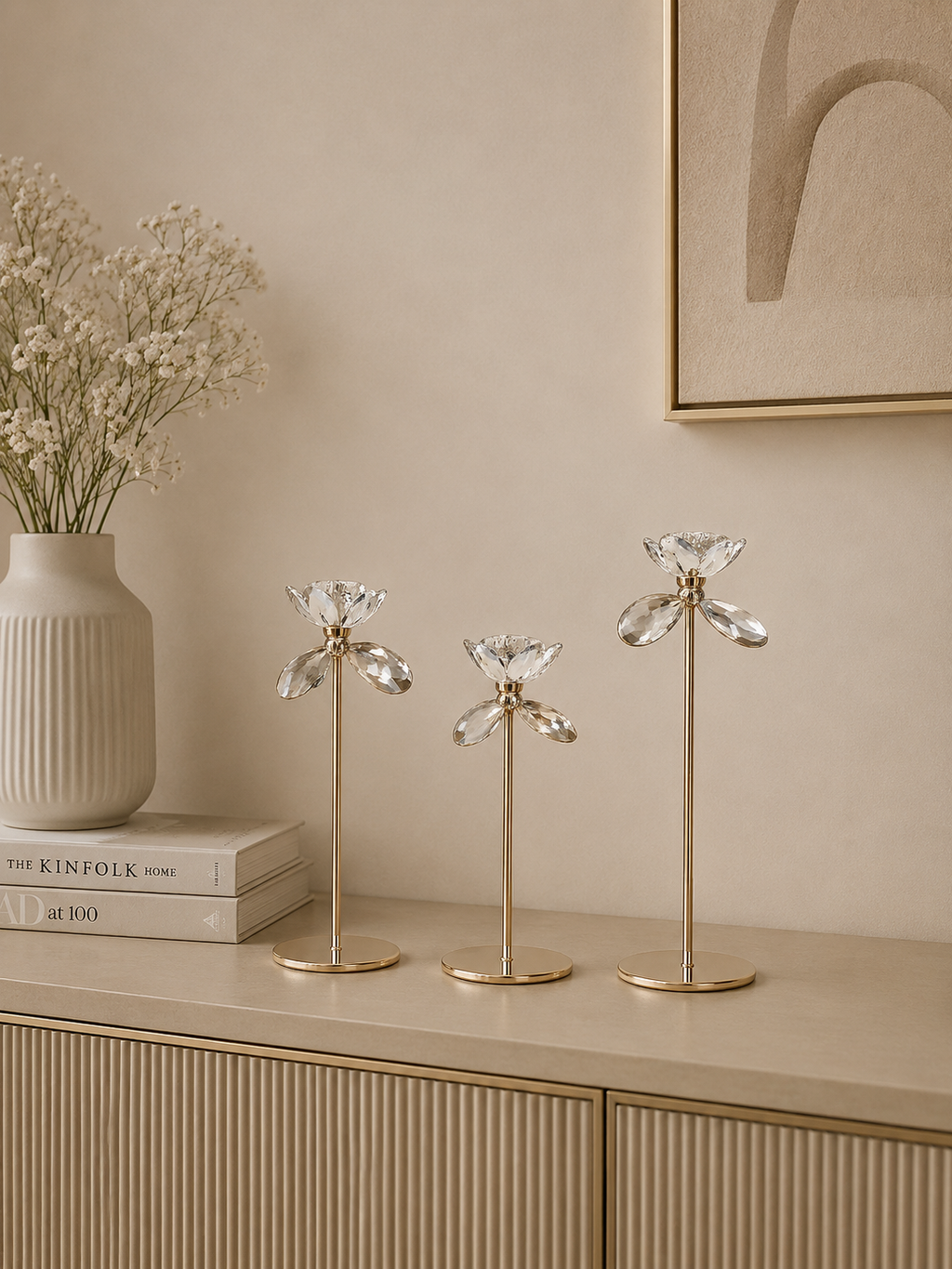 3-Piece Crystal Flower Gold Candle Holder Set – Elegant Metal Taper Candle Holders for Home Décor