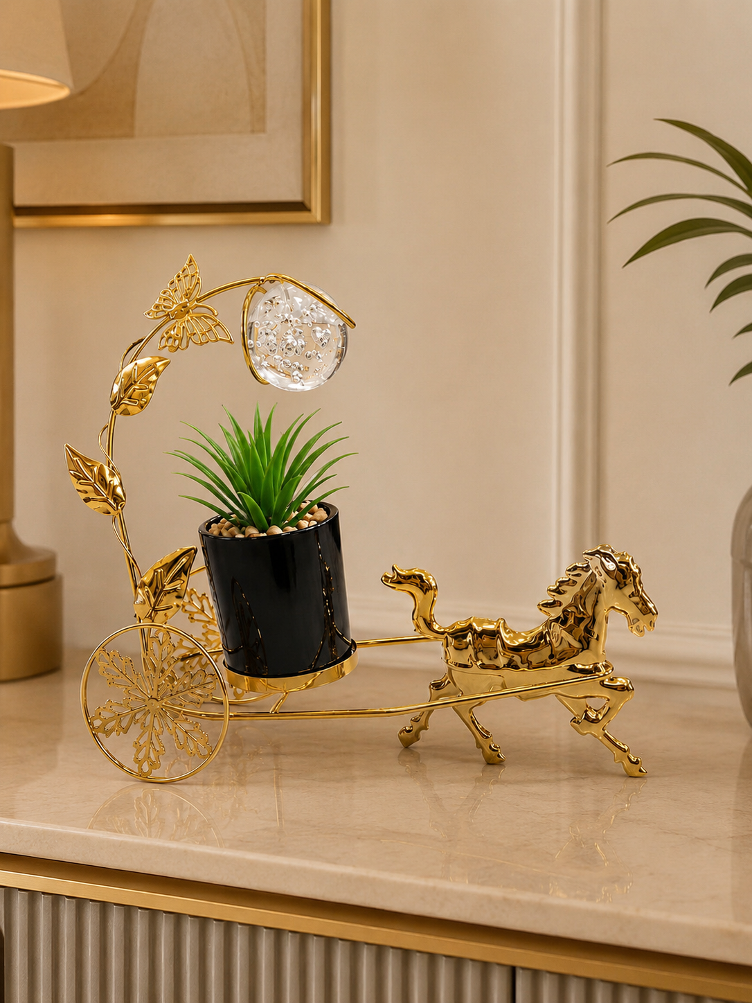 Luxury Gold Horse Planter with Crystal Globe – Decorative Tabletop Planter