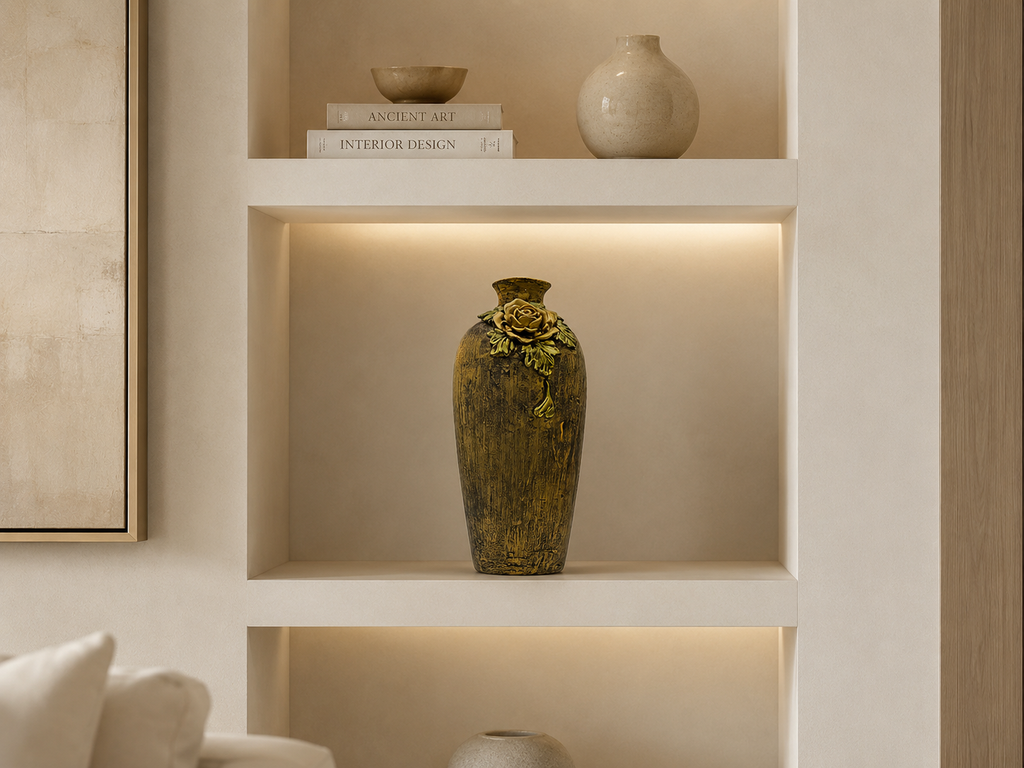 Luxury Antique Bronze Decorative Floor Vase with Golden Rose Floral Design