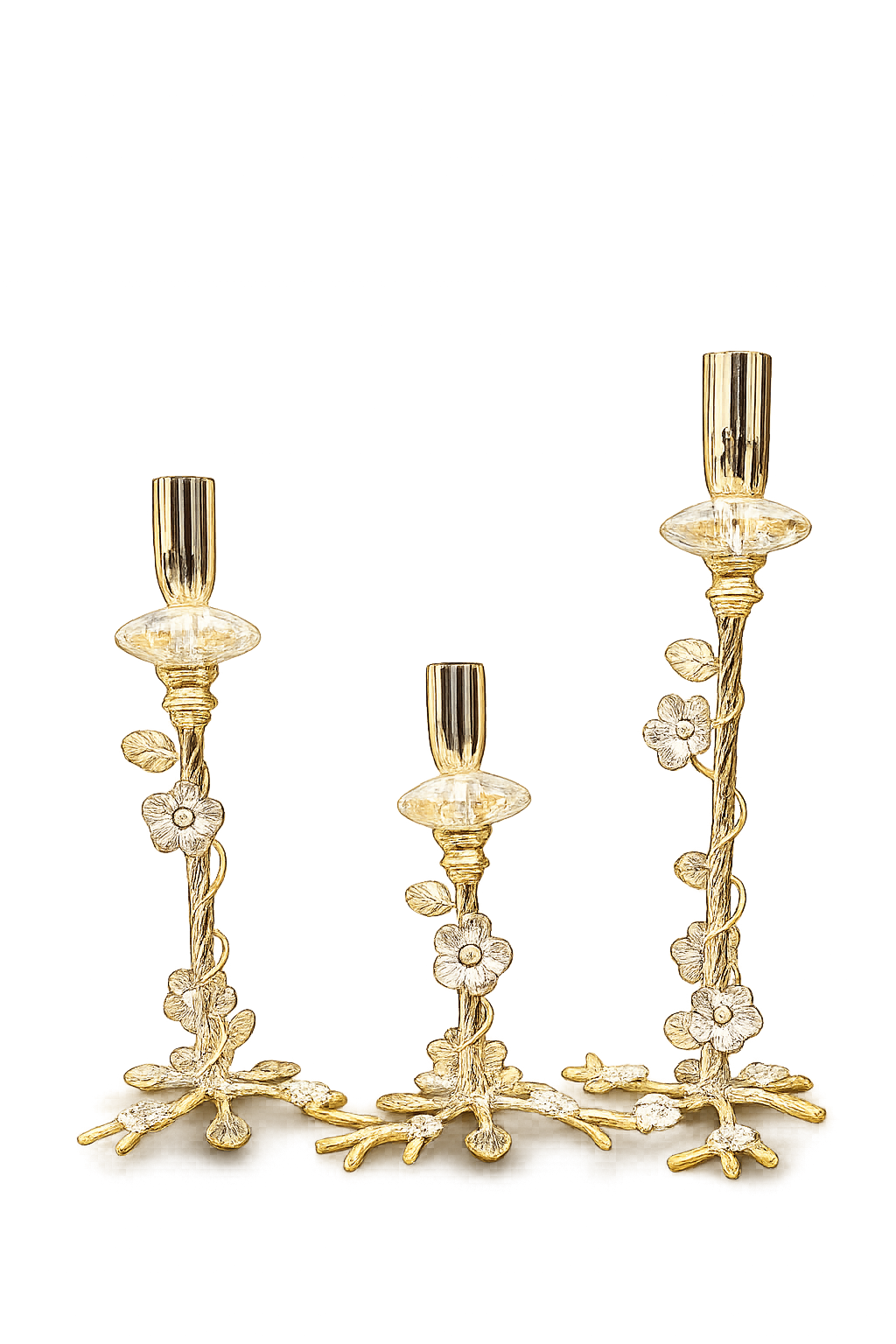 3-Piece Floral Metal Taper Candle Holder Set – Decorative Gold & Silver Finish Candlestick Holders for Table Centerpieces