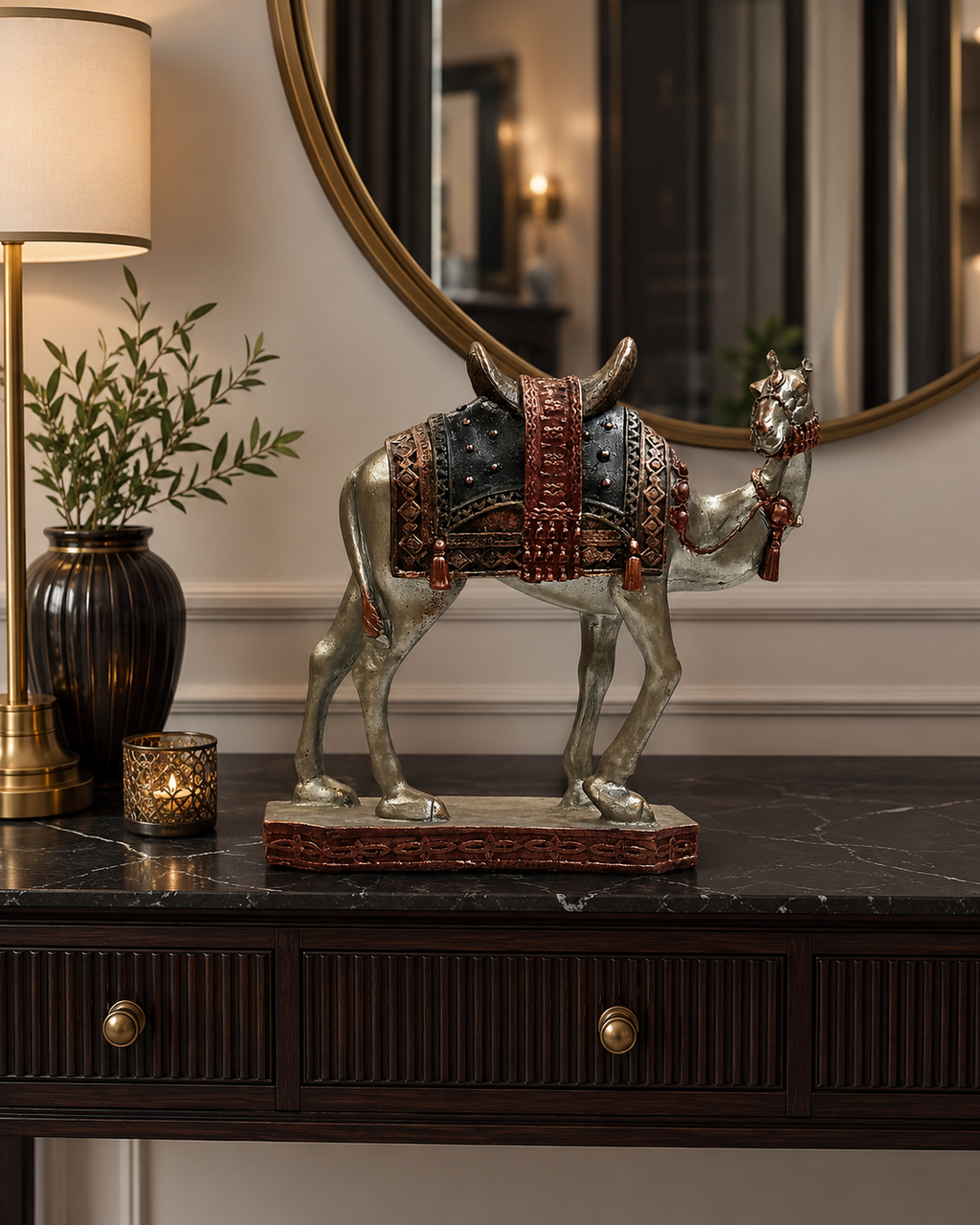 Luxury Decorative Camel Figurine Statue – Antique Silver & Bronze Home Décor Accent
