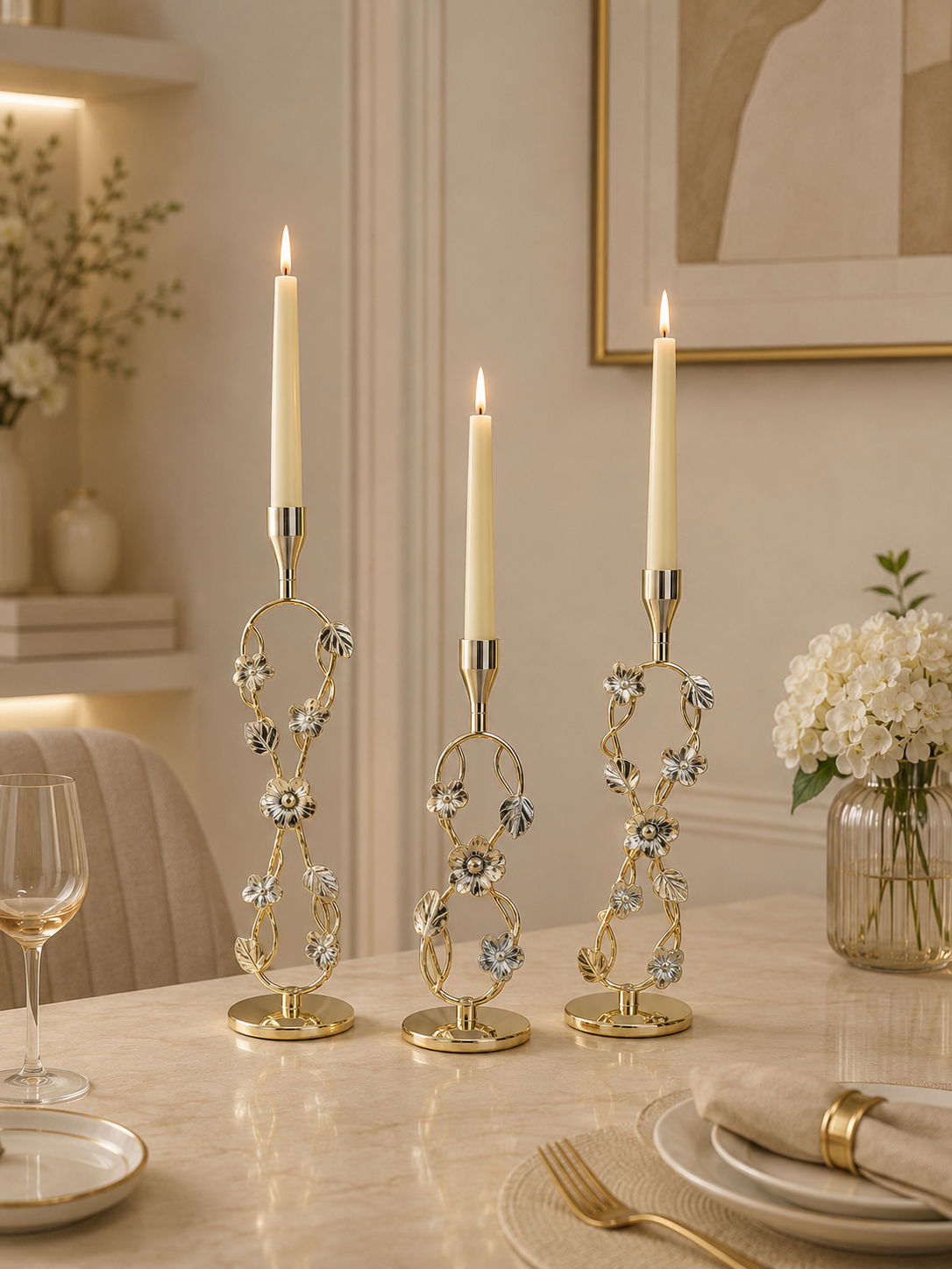Elegant Gold Floral Metal Candle Holder Set (3 Pieces) – Decorative Taper Candle Stands for Home Décor