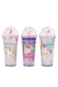 Cute Unicorn Double-Walled Sipper Glass with Dome Lid & Floating Colorful Beads