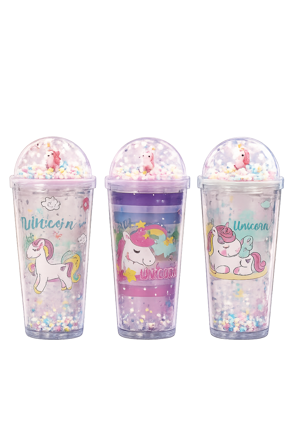 Cute Unicorn Double-Walled Sipper Glass with Dome Lid & Floating Colorful Beads