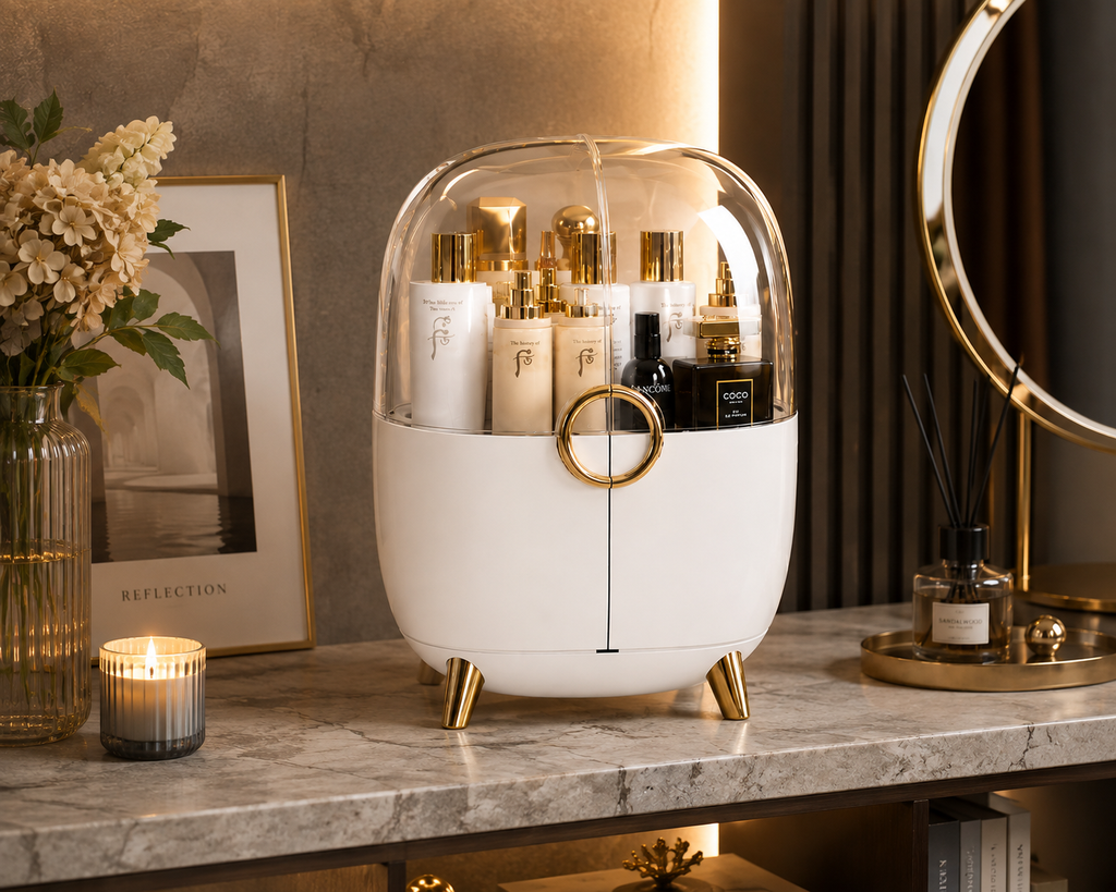 Luxury Makeup Organizer with Clear Dome &amp; Gold Accents – Cosmetic Storage Box