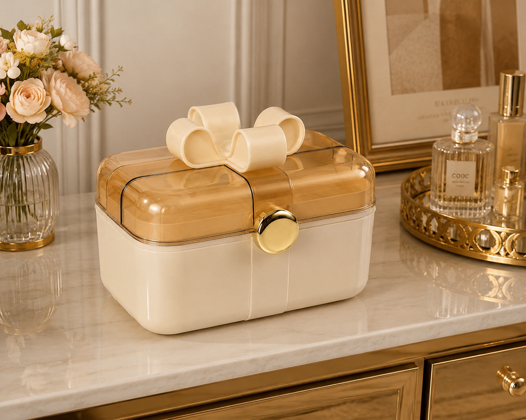 Elegant Makeup Organizer Box with Bow Handle