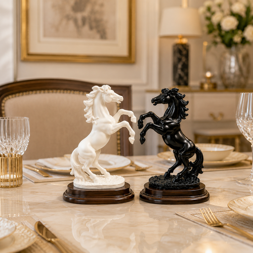 Fiber Horse "Dual Harmony" Rearing Horse Pair Statue – Premium White & Black Luxury Resin Sculptures With Meticulous Double Wooden Bases