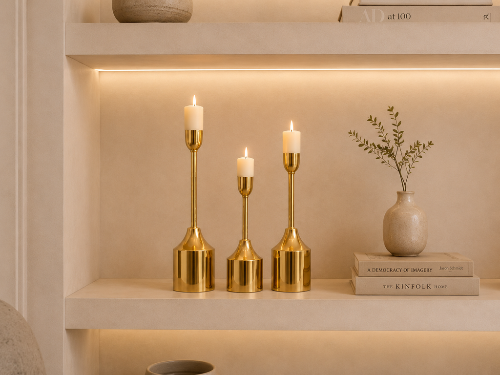 Luxury Gold Metal Candle Stand Set – Modern Decorative Pillar Candle Holders (Set of 3)