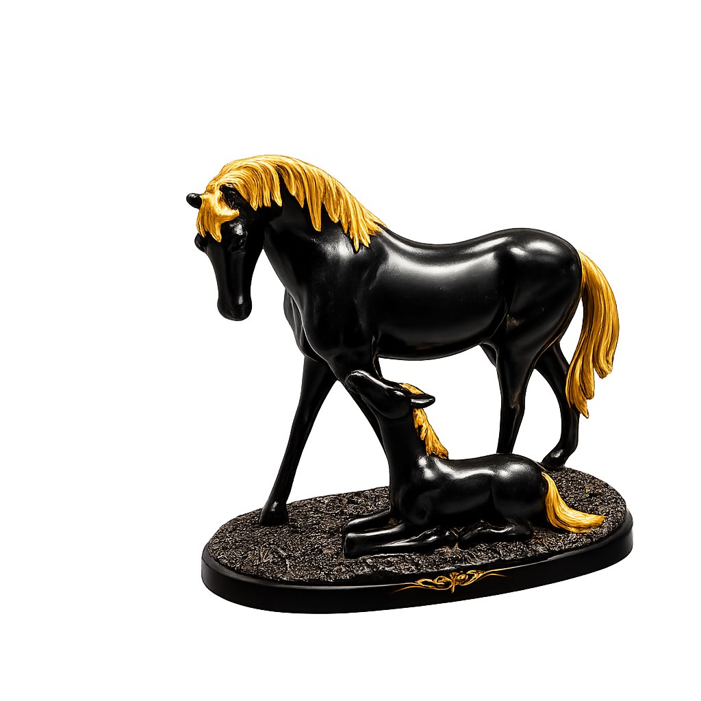 Fiber Horse Majestic Bond Mare & Foal Statue – Premium Black & Gold Resin Collectible Sculpture For Luxury Home & Executive Office Decor