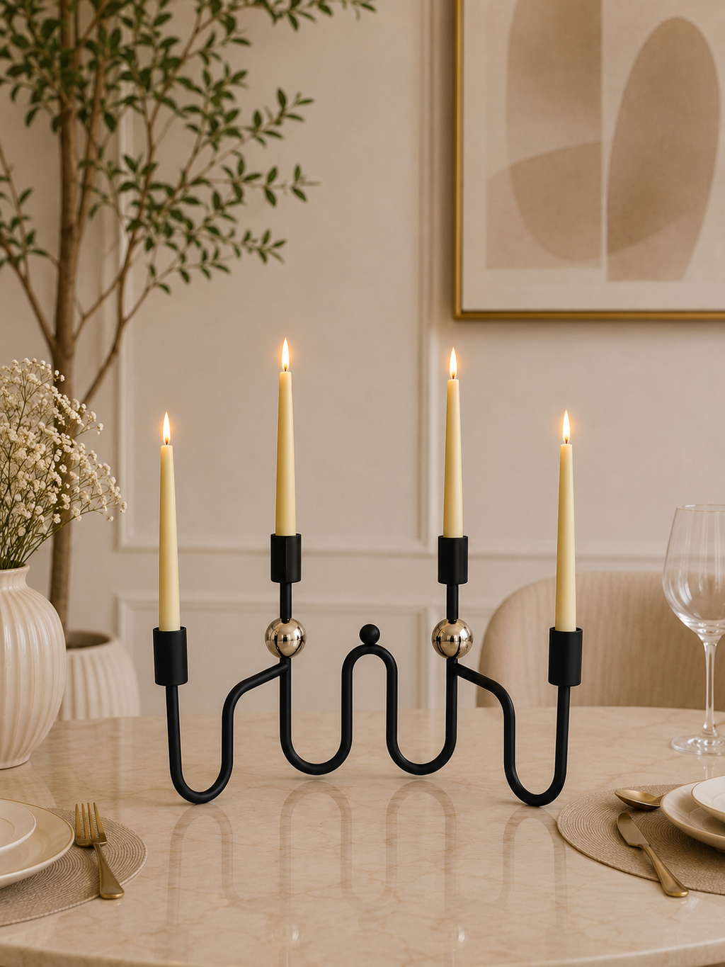 Modern Black Metal 4-Arm Candelabra Candle Holder – Decorative Taper Candle Stand
