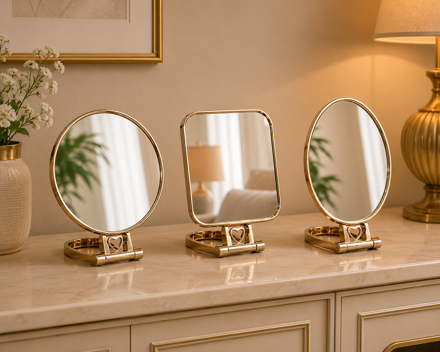 Luxury Gold Folding Tabletop Vanity Mirror | Round, Square & Oval Variants