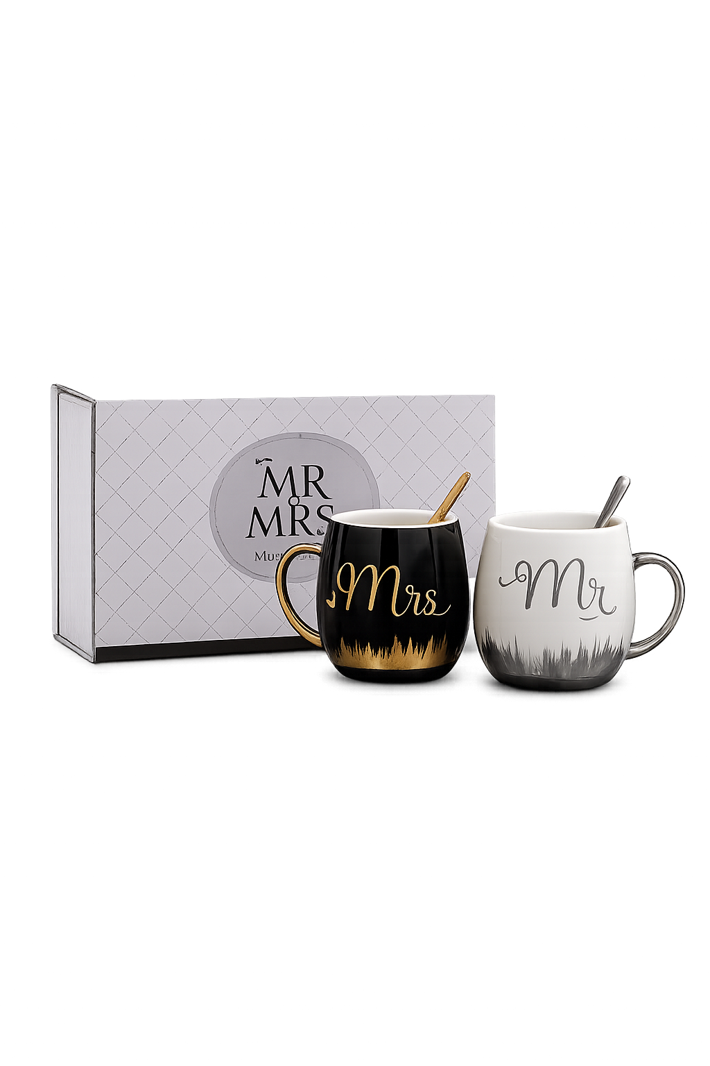 Luxury Mr. & Mrs. Ceramic Couple Mug Gift Set – Gold & Silver Accent Coffee Cups with Box