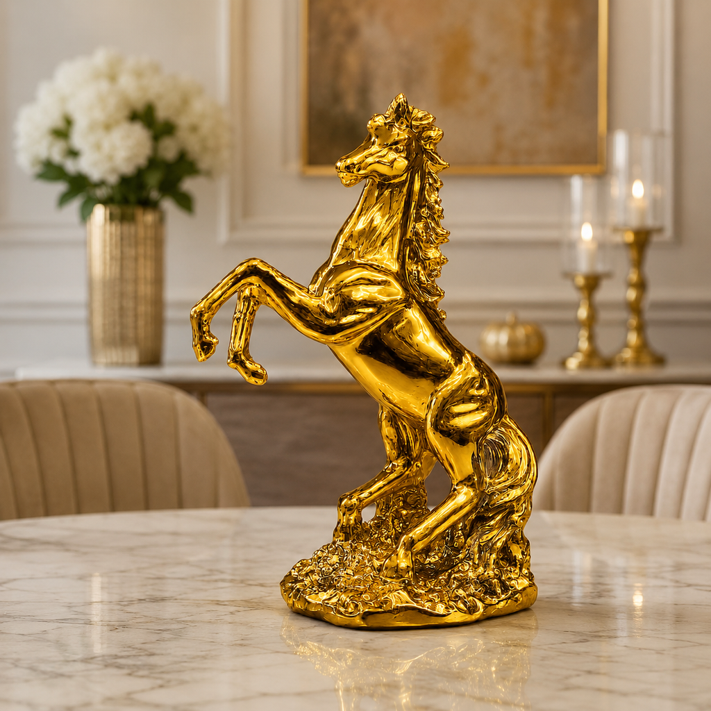 Fiber Horse "Eldorado Majesty" All-Gold Rearing Horse Sculpture – Premium High-Radiance Resin Luxury Statue
