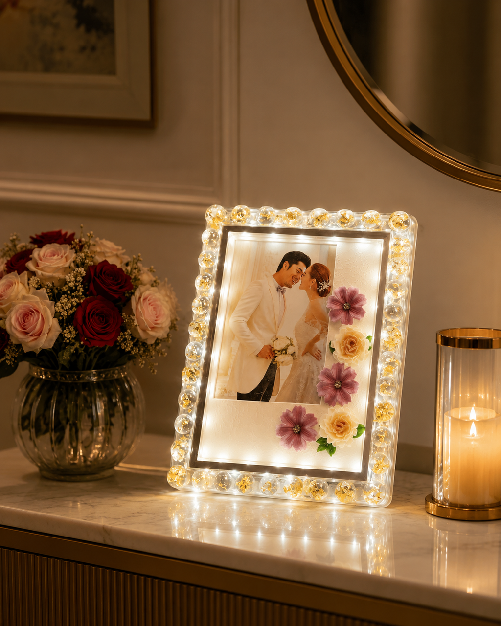 Luxury LED Crystal Photo Frame – Decorative Light-Up Picture Frame with Floral Design