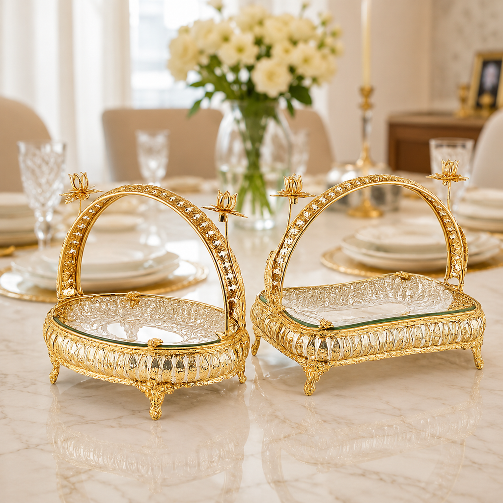 Luxury Gold-Plated Ceramic & Metal Serving Tray with Handle