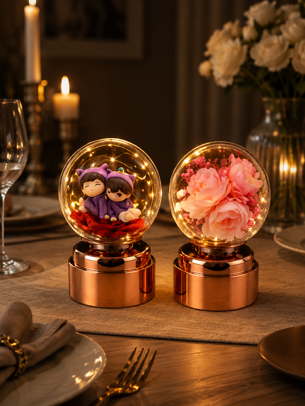 Enchanted Couple & Blossom Acrylic Globe Lamp – Rose Gold Base LED Ambiance Light