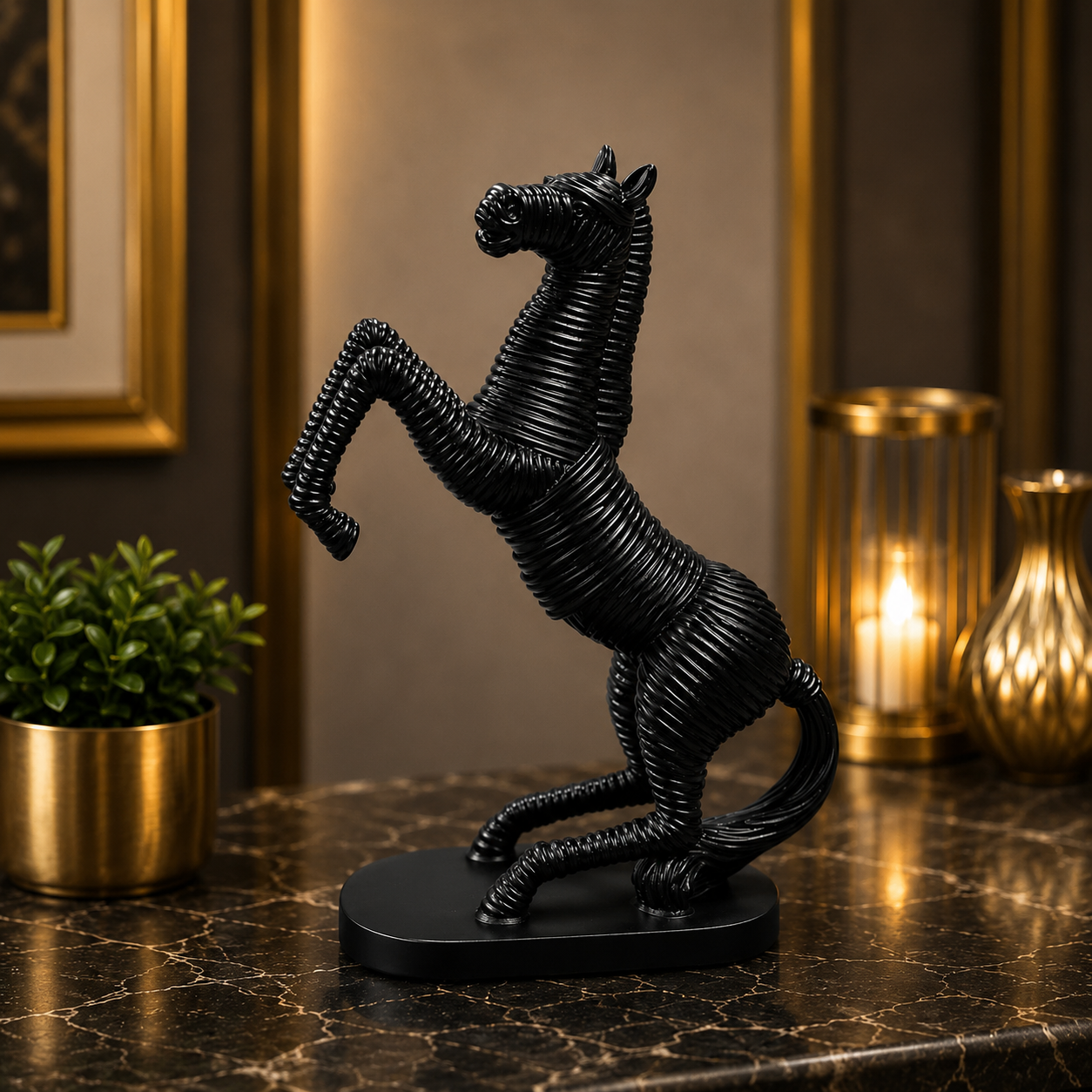 FIBER HORSE Premium Black Rearing Horse Figurine – Contemporary Resin Art Collective Piece for Home & Hotel Decoration