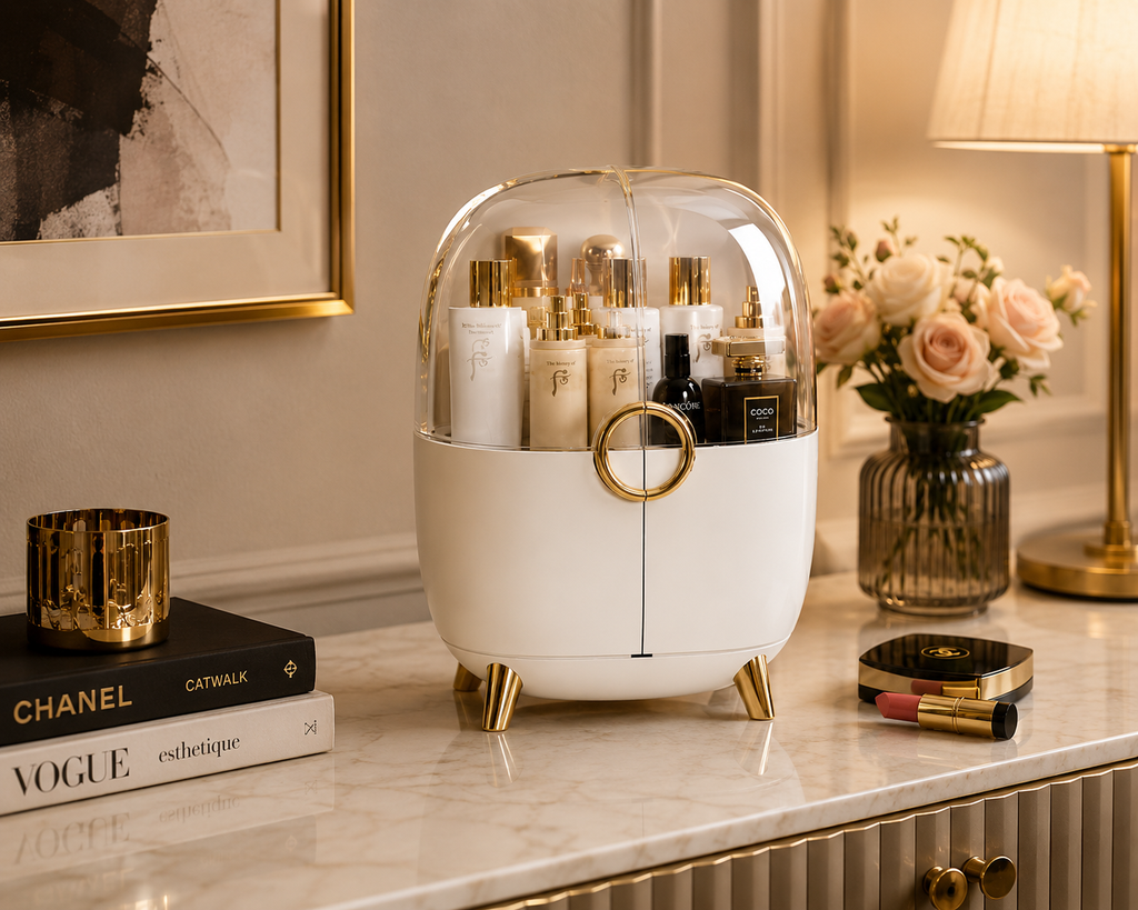 Luxury Makeup Organizer with Clear Dome &amp; Gold Accents – Cosmetic Storage Box